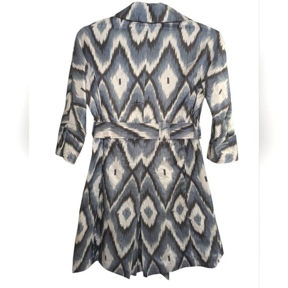 Vertigo Paris Blue Gray Ikat chevron zigzag print trench coat belted jacket M - Picture 3 of 8